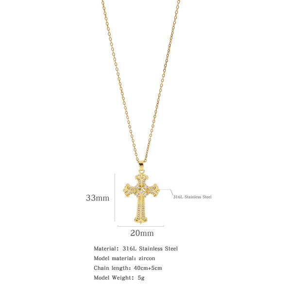 Fashion Retro Style Stainless Steel Cross Pendant Ochain Necklace With Copper Zirconium And Colored Diamond Electroplated Waterproof Fadeless Unisex Jewelry