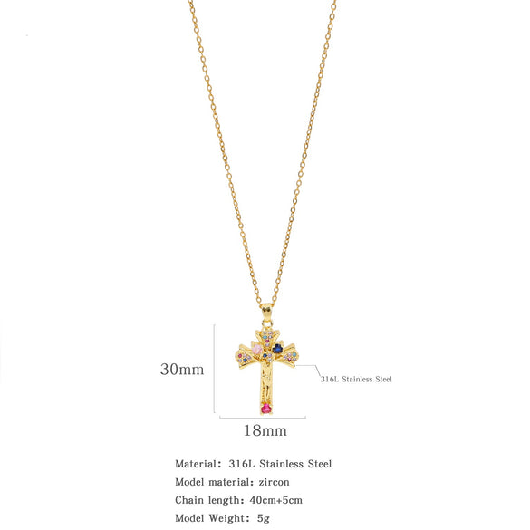 Fashion Retro Style Stainless Steel Cross Pendant Ochain Necklace With Copper Zirconium And Colored Diamond Electroplated Waterproof Fadeless Unisex Jewelry