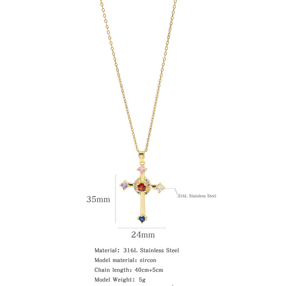 Fashion Retro Style Stainless Steel Cross Pendant Ochain Necklace With Copper Zirconium And Colored Diamond Electroplated Waterproof Fadeless Unisex Jewelry