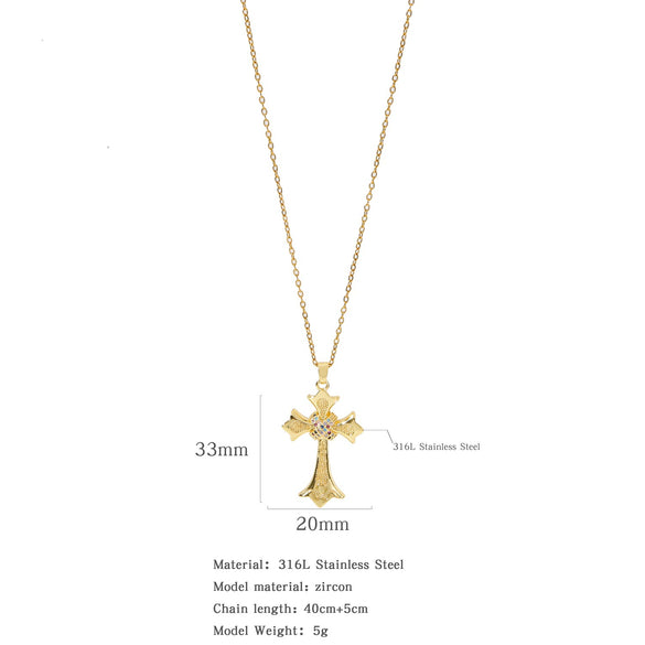 Fashion Retro Style Stainless Steel Cross Pendant Ochain Necklace With Copper Zirconium And Colored Diamond Electroplated Waterproof Fadeless Unisex Jewelry