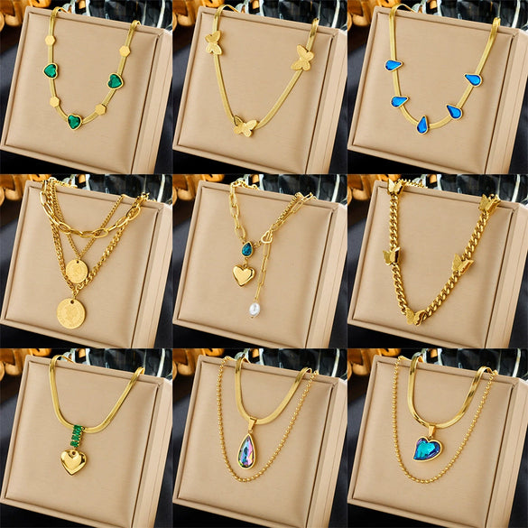 Fashion Retro Titanium Steel Heart Water Drop Butterfly Round Pendant Necklace With Electroplating