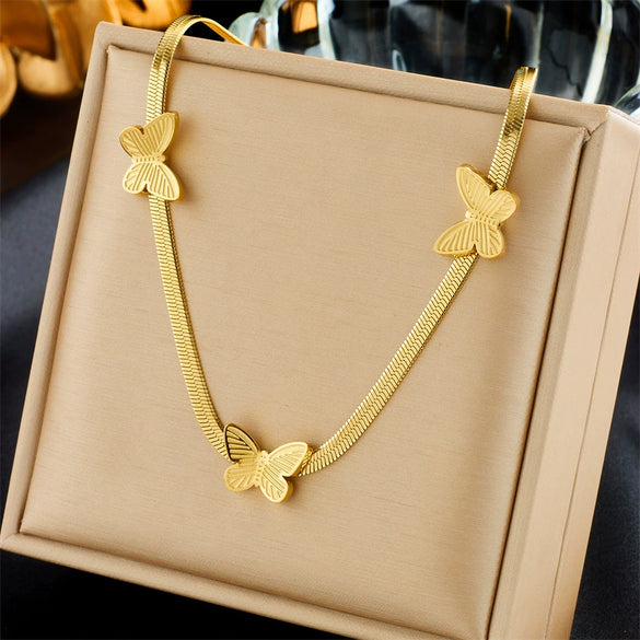 Fashion Retro Titanium Steel Heart Water Drop Butterfly Round Pendant Necklace With Electroplating