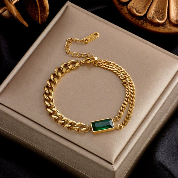 Fashion Retro Titanium Steel Square Double Chain Bracelet With Green Diamond For Women Geometric Pattern Electroplated