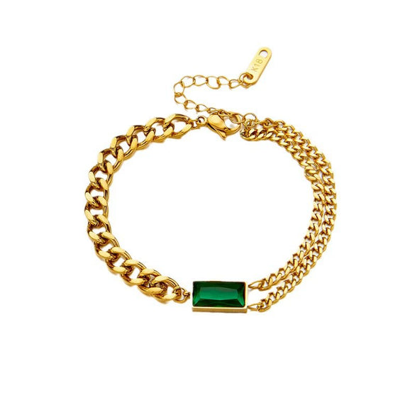 Fashion Retro Titanium Steel Square Double Chain Bracelet With Green Diamond For Women Geometric Pattern Electroplated