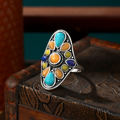 Fashion Retro Turquoise Mixed Color Gemstone Exaggerated Ring