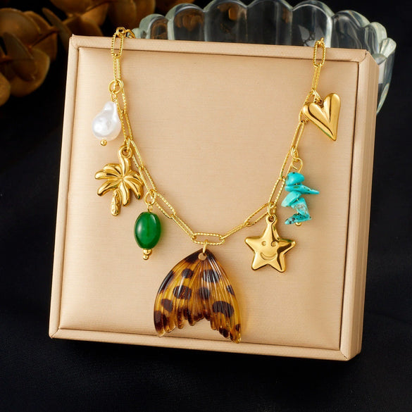 Fashion Retro Turquoise Pearl Coconut Tree Leopard Print Fishtail Star Pendant Necklace For Women With Electroplated Stainless Steel Pendant And Flat Cross Chain