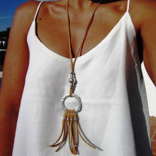 Fashion Retro Velvet Tassel Long Sweater Chain Ethnic Style Leather Necklace