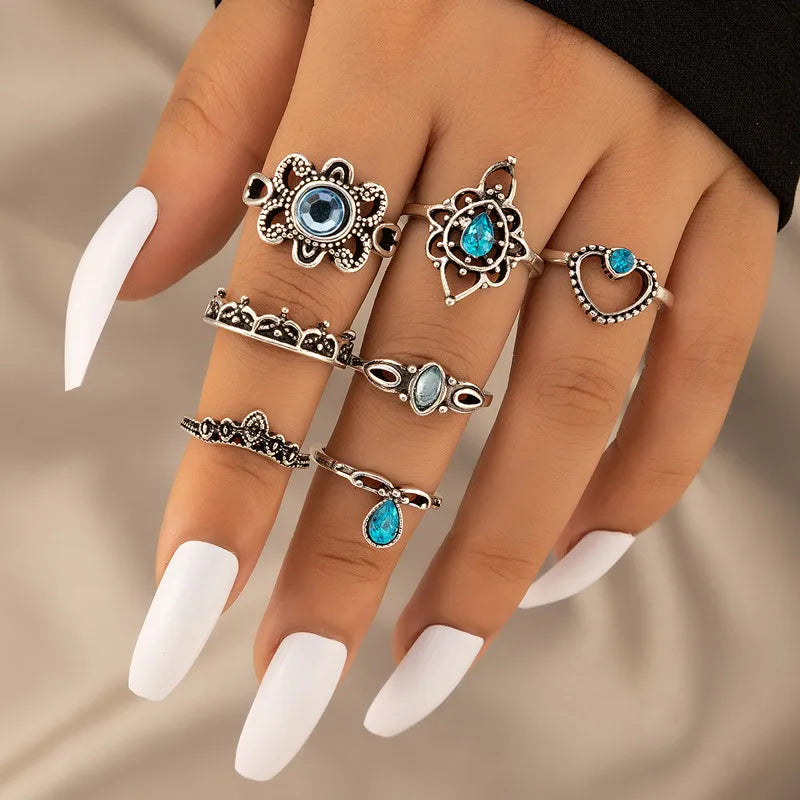 Fashion Retro Water Drop Carved  Lotus Hollow Starfish Butterfly Alloy Ring Suit