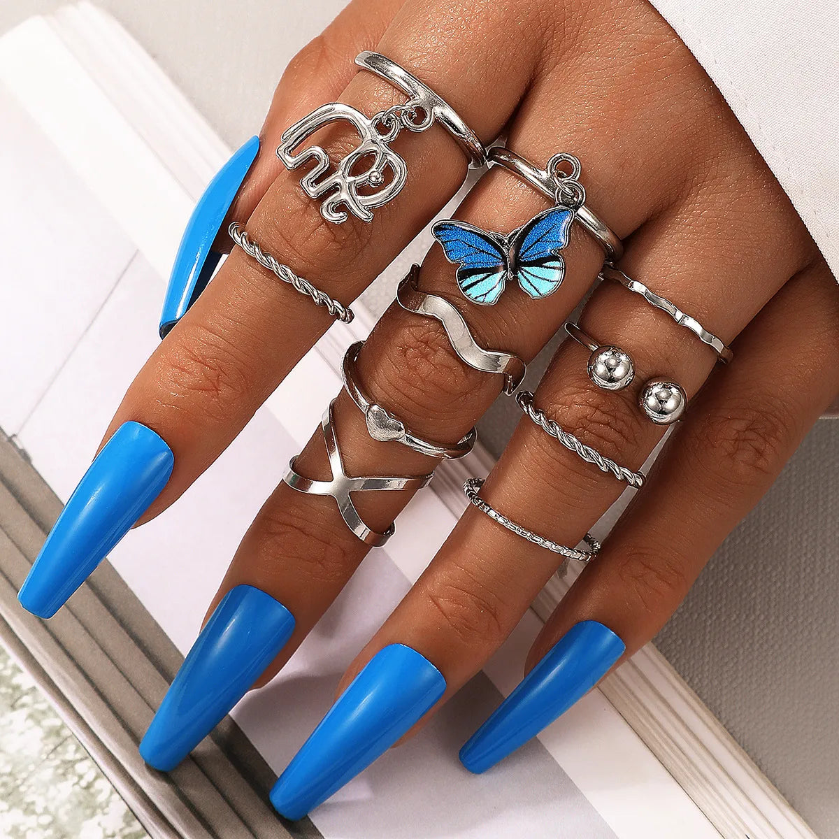 Fashion Retro Water Drop Carved  Lotus Hollow Starfish Butterfly Alloy Ring Suit