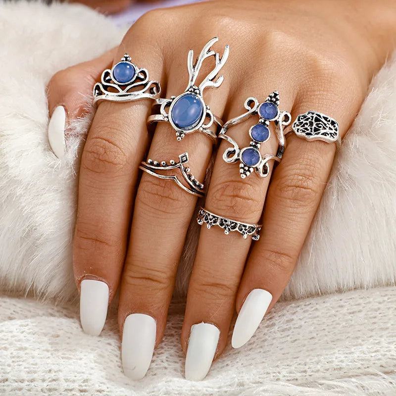 Fashion Retro Water Drop Carved  Lotus Hollow Starfish Butterfly Alloy Ring Suit