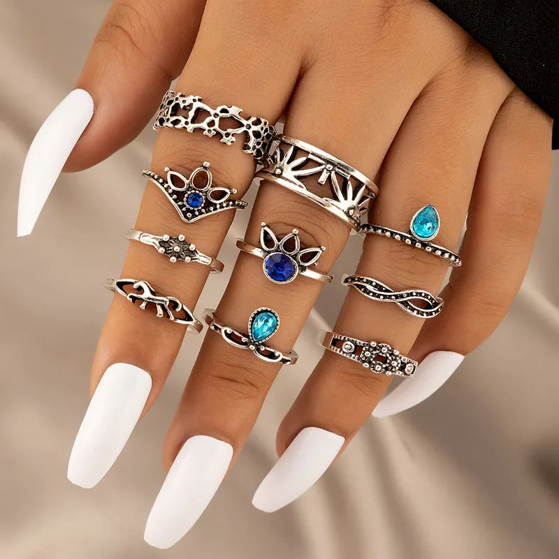 Fashion Retro Water Drop Carved  Lotus Hollow Starfish Butterfly Alloy Ring Suit