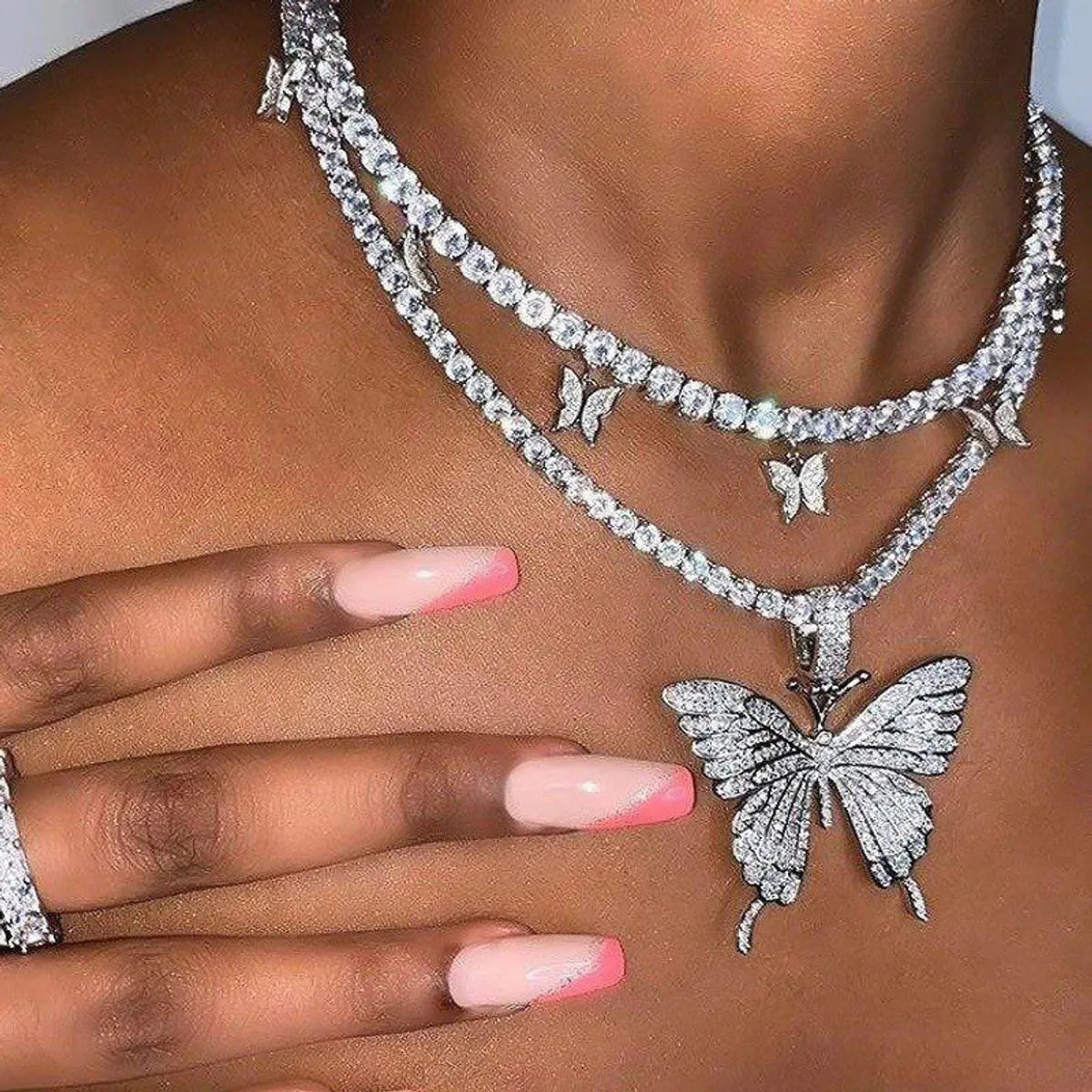 Fashion  Rhinestone Butterfly Pendant Necklace Hip Hop Jewelry  Choker