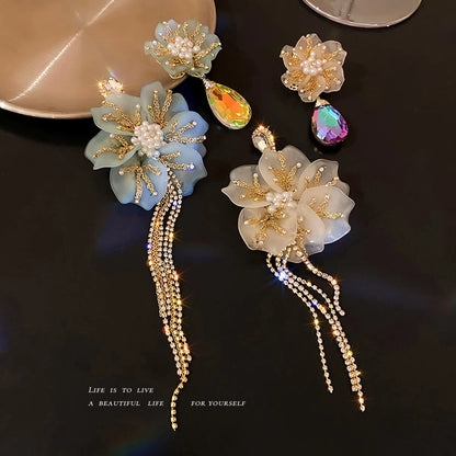 Fashion Rhinestone Crystal Pearl Asymmetric Flower Earrings Wholesale