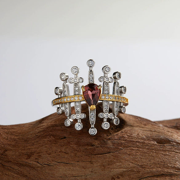 Fashion Ring S925 Sterling Silver Inlaid With Natural Garnet Topaz Gem Heart Shape Women's