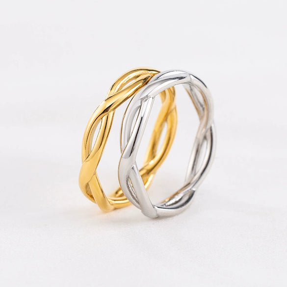 Fashion Ring Titanium Steel Gold Plated Geometric Woven Twist Couple Ring