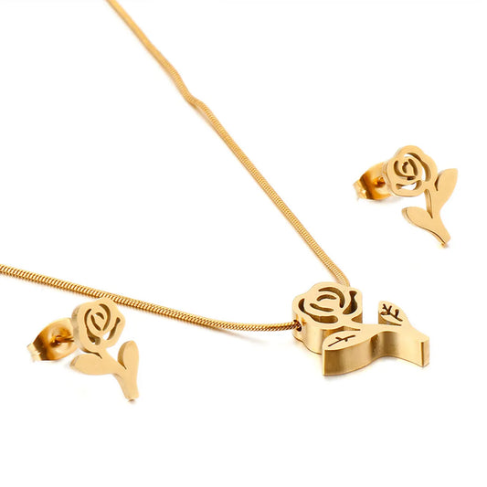 Fashion Rose Flower Stainless Steel Earrings Necklace Set Wholesale Gooddiy