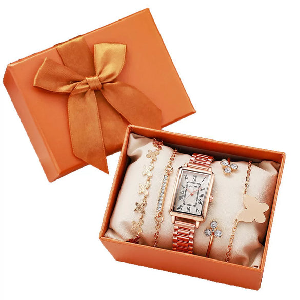 Fashion Rose Gold Watch Set With Square Quartz Watch And Butterfly Bracelet Alloy Case Stainless Steel Strap Roman Numerals Scale For Female