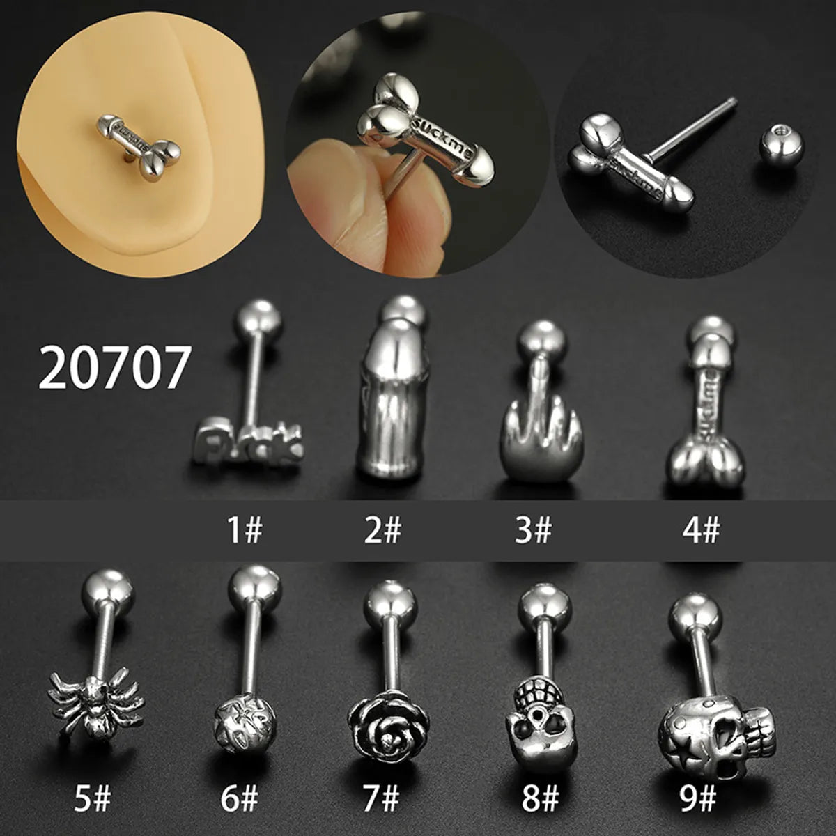 Fashion Rose Spider Skull Stainless Steel Plating Tongue Nail