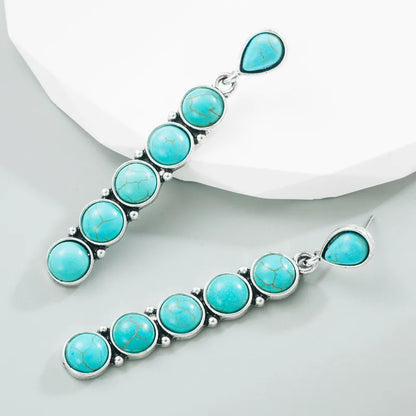 Fashion Round Alloy Inlay Turquoise Drop Earrings