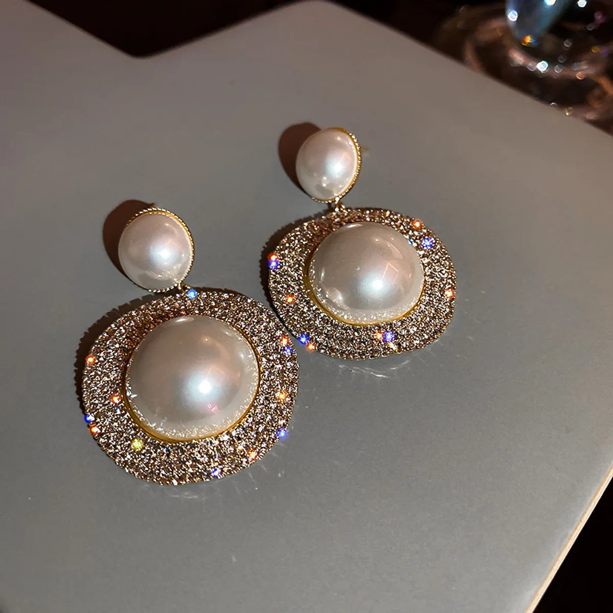 Fashion Round Geometric Exaggerated Full Rhinestone Pearl Earrings Wholesale