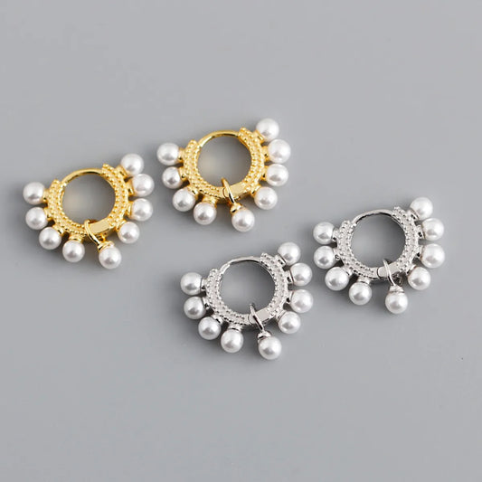 Fashion Round Silver Inlaid Pearls Earrings 1 Pair