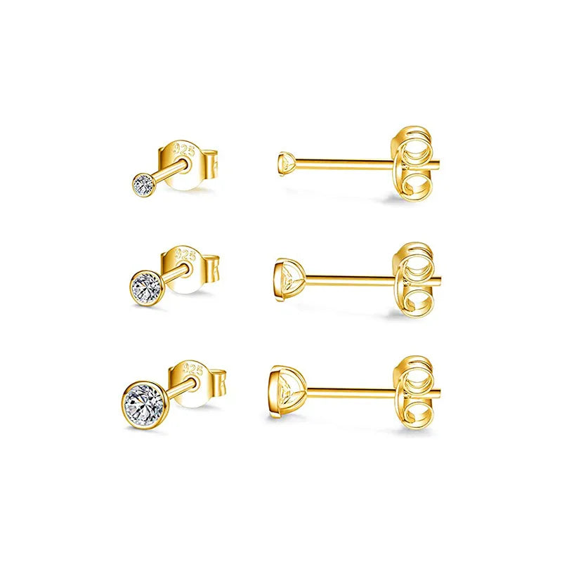 Fashion Round Silver Plating Inlay Zircon Ear Studs 3 Pieces