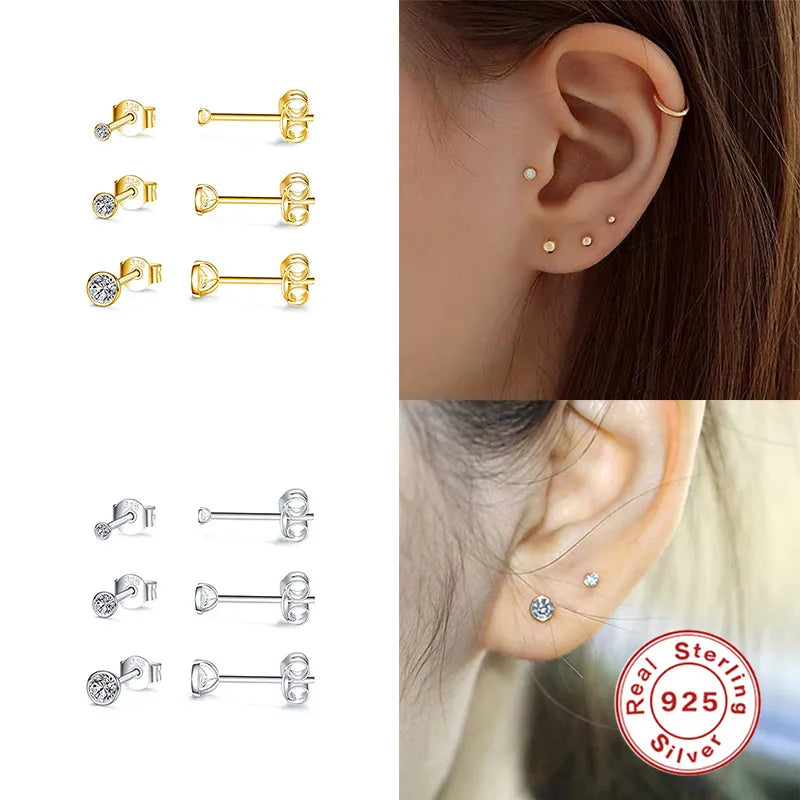 Fashion Round Silver Plating Inlay Zircon Ear Studs 3 Pieces