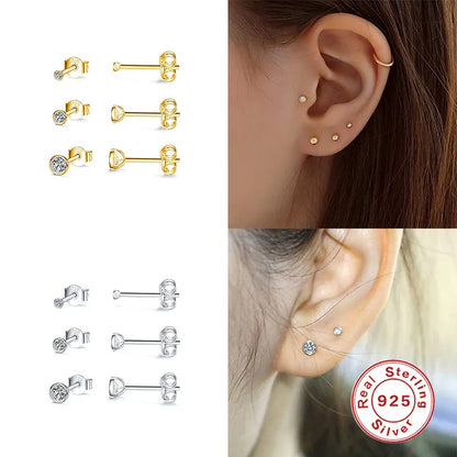 Fashion Round Silver Plating Inlay Zircon Ear Studs 3 Pieces