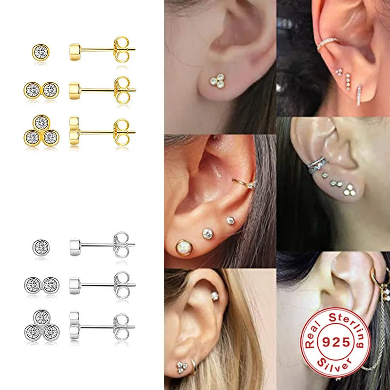 Fashion Round Silver Plating Inlay Zircon Ear Studs 3 Pieces