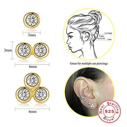 Fashion Round Silver Plating Inlay Zircon Ear Studs 3 Pieces