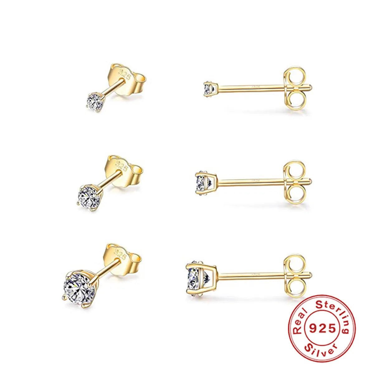 Fashion Round Silver Plating Inlay Zircon Ear Studs 3 Pieces