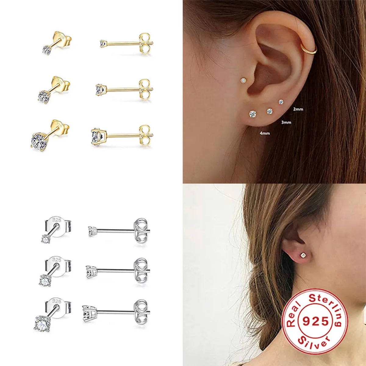 Fashion Round Silver Plating Inlay Zircon Ear Studs 3 Pieces