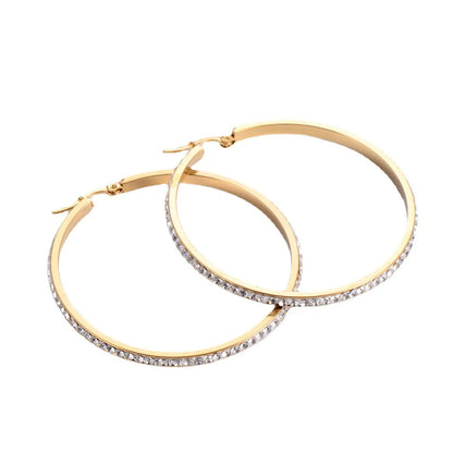 Fashion Round Stainless Steel Hoop Earrings Inlay Rhinestones Stainless Steel Earrings 1 Pair