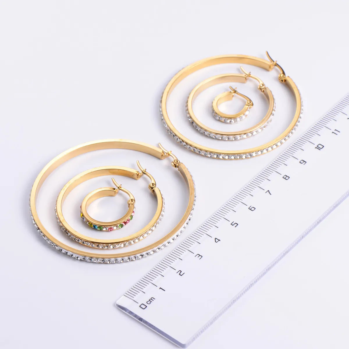 Fashion Round Stainless Steel Hoop Earrings Inlay Rhinestones Stainless Steel Earrings 1 Pair