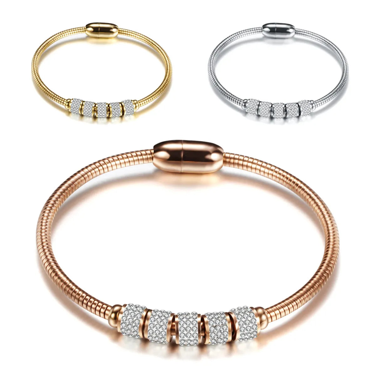 Fashion Round Stainless Steel Inlay Artificial Diamond Bangle 1 Piece