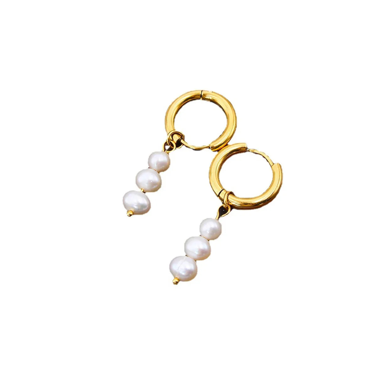 1 Pair Fashion Round Stainless Steel Freshwater Pearl Drop Earrings