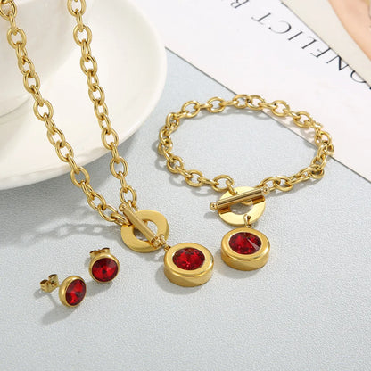 Fashion Round Stainless Steel Plating Inlay Artificial Gemstones Bracelets Earrings Necklace 1 Set