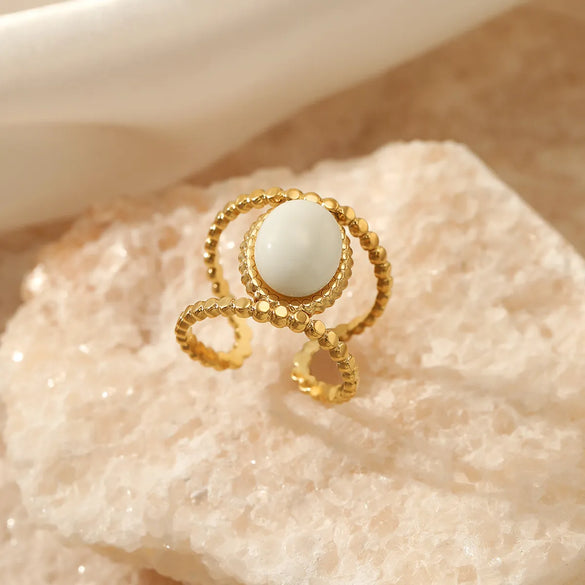 Fashion Round Stainless Steel Plating Inlay Natural Stone Open Ring