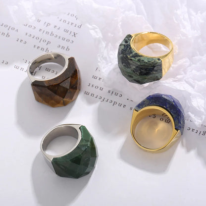 Fashion Round Stainless Steel Plating Inlay Natural Stone Rings 1 Piece