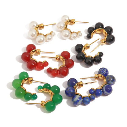 Fashion Round Stainless Steel Titanium Steel Gold Plated Inlay Artificial Gemstones Ear Studs 1 Pair