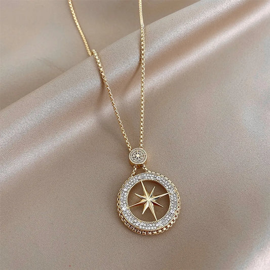 Fashion Round Star Copper Inlay Rhinestones Pendant Necklace