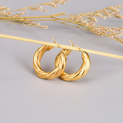 Fashion Round Titanium Steel Gold Plated Hoop Earrings 1 Pair