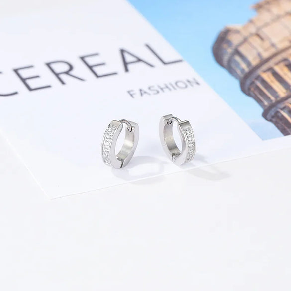 Fashion Round Titanium Steel Hoop Earrings Inlay Zircon Stainless Steel Earrings 1 Pair
