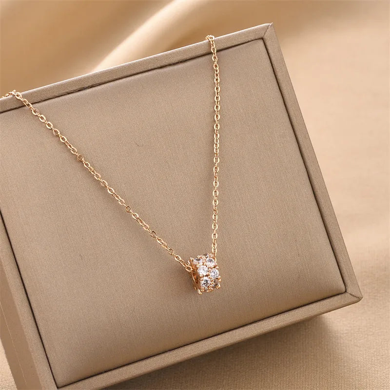 Fashion Round Titanium Steel Inlay Zircon Necklace 1 Piece