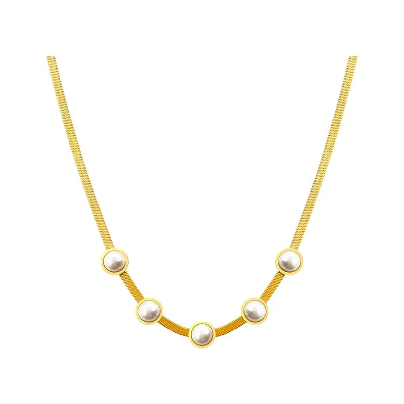 Fashion Round Titanium Steel Plating Inlay Opal Pearl Necklace 1 Piece