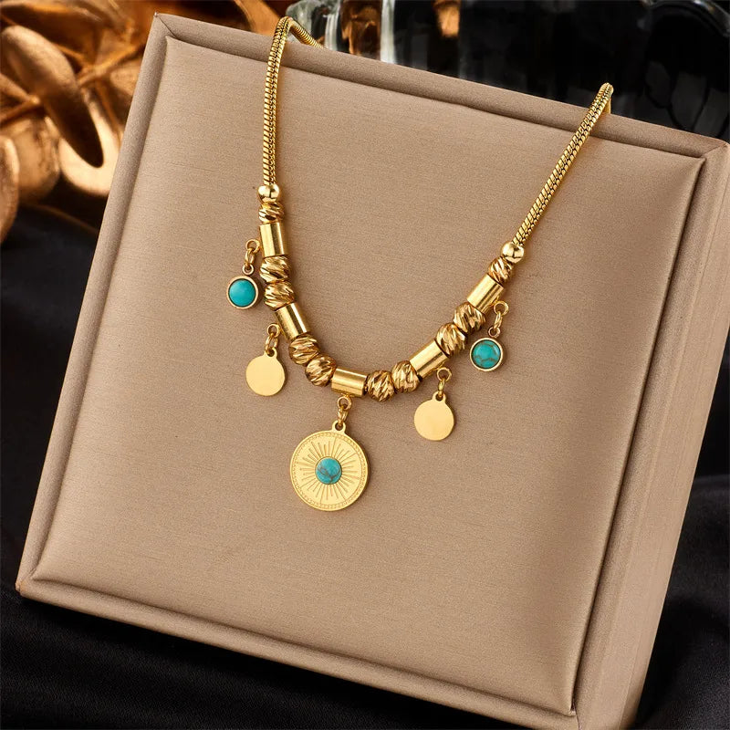 Fashion Round Titanium Steel Plating Inlay Turquoise Pendant Necklace 1 Piece