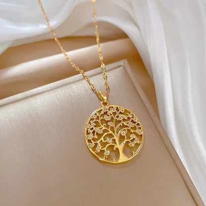 Fashion Round Tree Titanium Steel Copper Zircon Pendant Necklace In Bulk