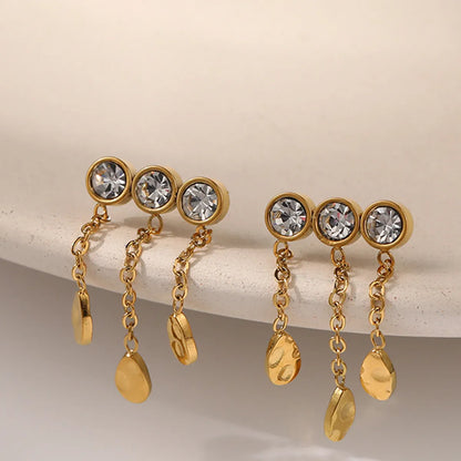 1 Pair Fashion Round Water Droplets Tassel Titanium Steel Zircon 18k Gold Plated Drop Earrings