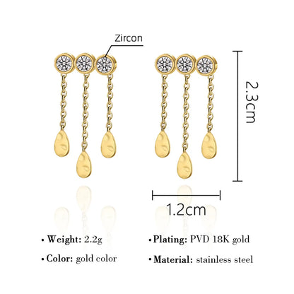 1 Pair Fashion Round Water Droplets Tassel Titanium Steel Zircon 18k Gold Plated Drop Earrings