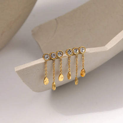 1 Pair Fashion Round Water Droplets Tassel Titanium Steel Zircon 18k Gold Plated Drop Earrings